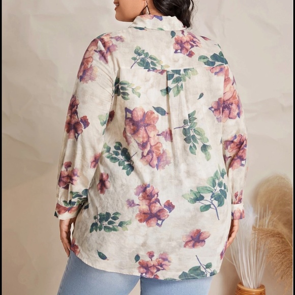 100% Linen Floral Blouse NEW 20 4X 4XL Watercolor Long Sleeve Button-up Collar - Picture 2 of 7